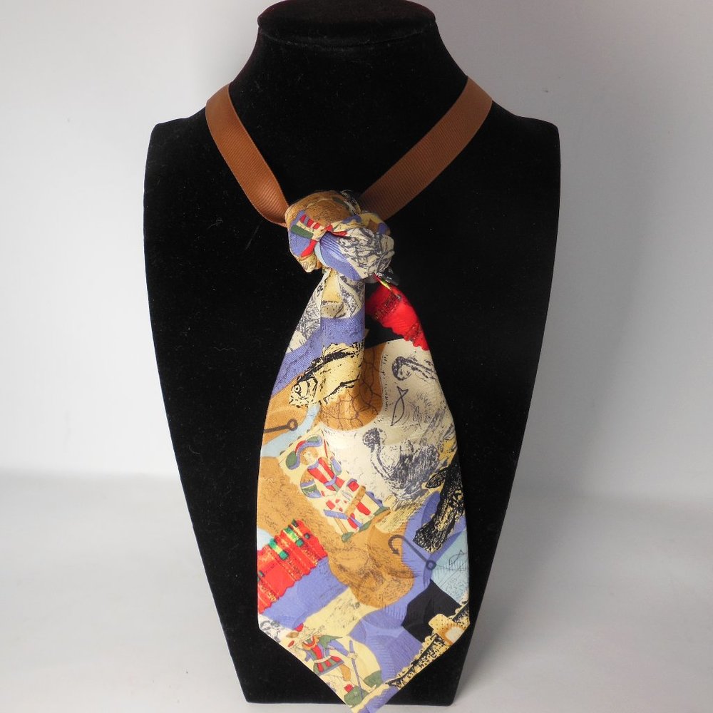 Woman's knotted pendent tie, handcrafted necklace, refashioned silk necktie